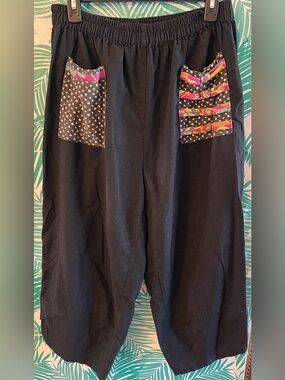Minibee Harem Black Wide-Leg Linen & Cotton Pants w/Colorful Patch Pockets Sz XL